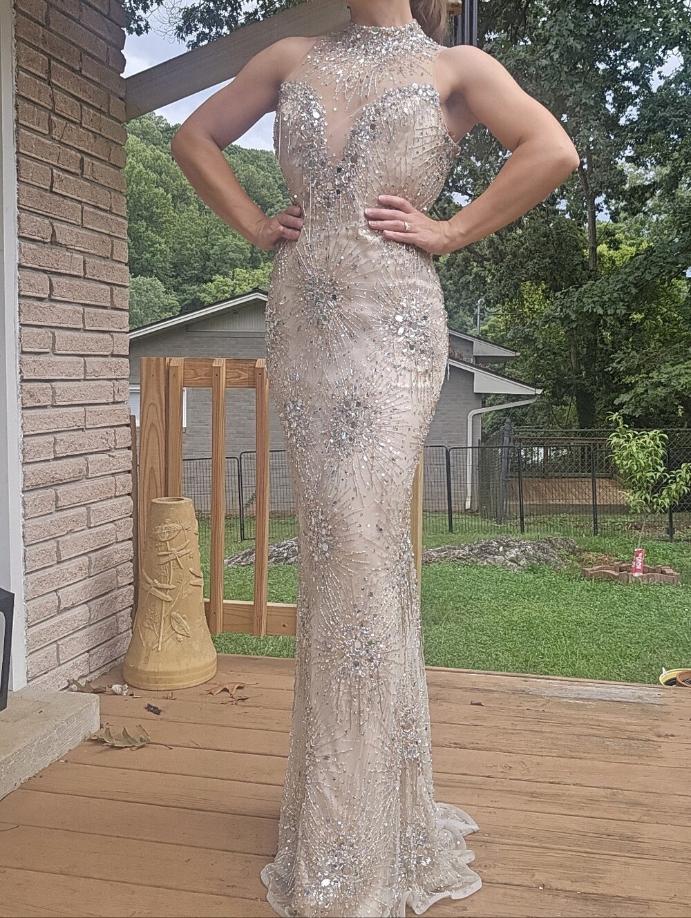 Stephen Yearick Nude Beaded Illusion High-Neck Gown
